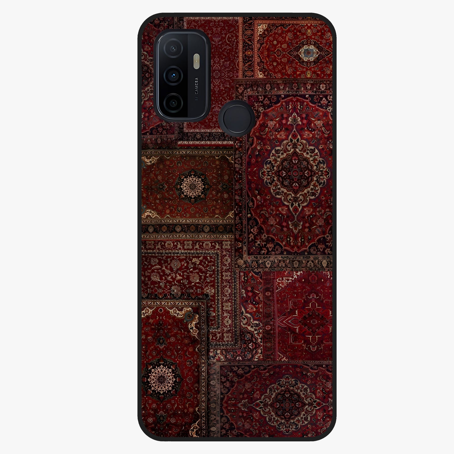 Persian Velvet Tale Glass Case showing flat back view with luxurious Persian velvet pattern artwork and glossy glass finish.