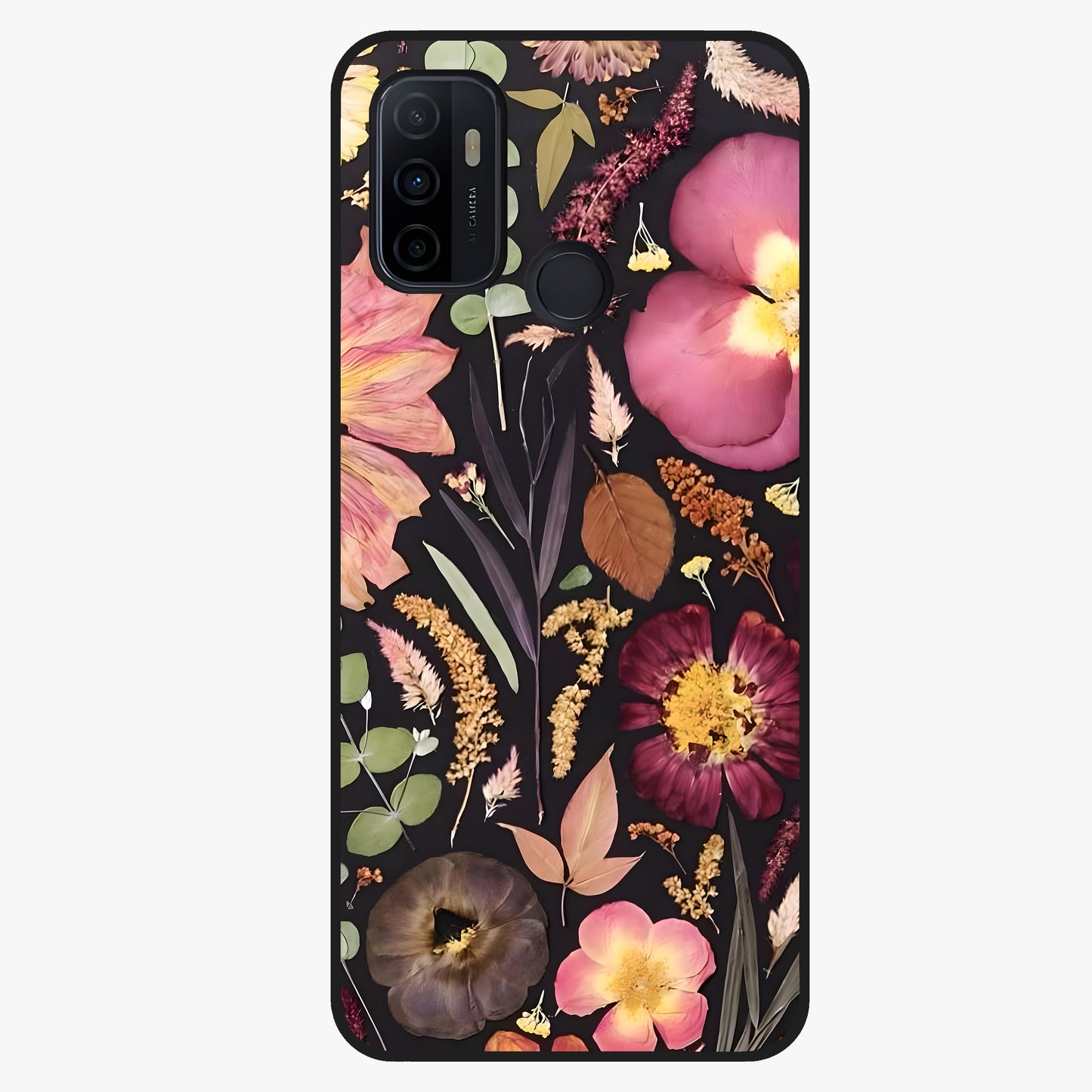 Petal Dream Tapestry Glass Case showing flat back view with intricate floral tapestry artwork and glossy glass finish.