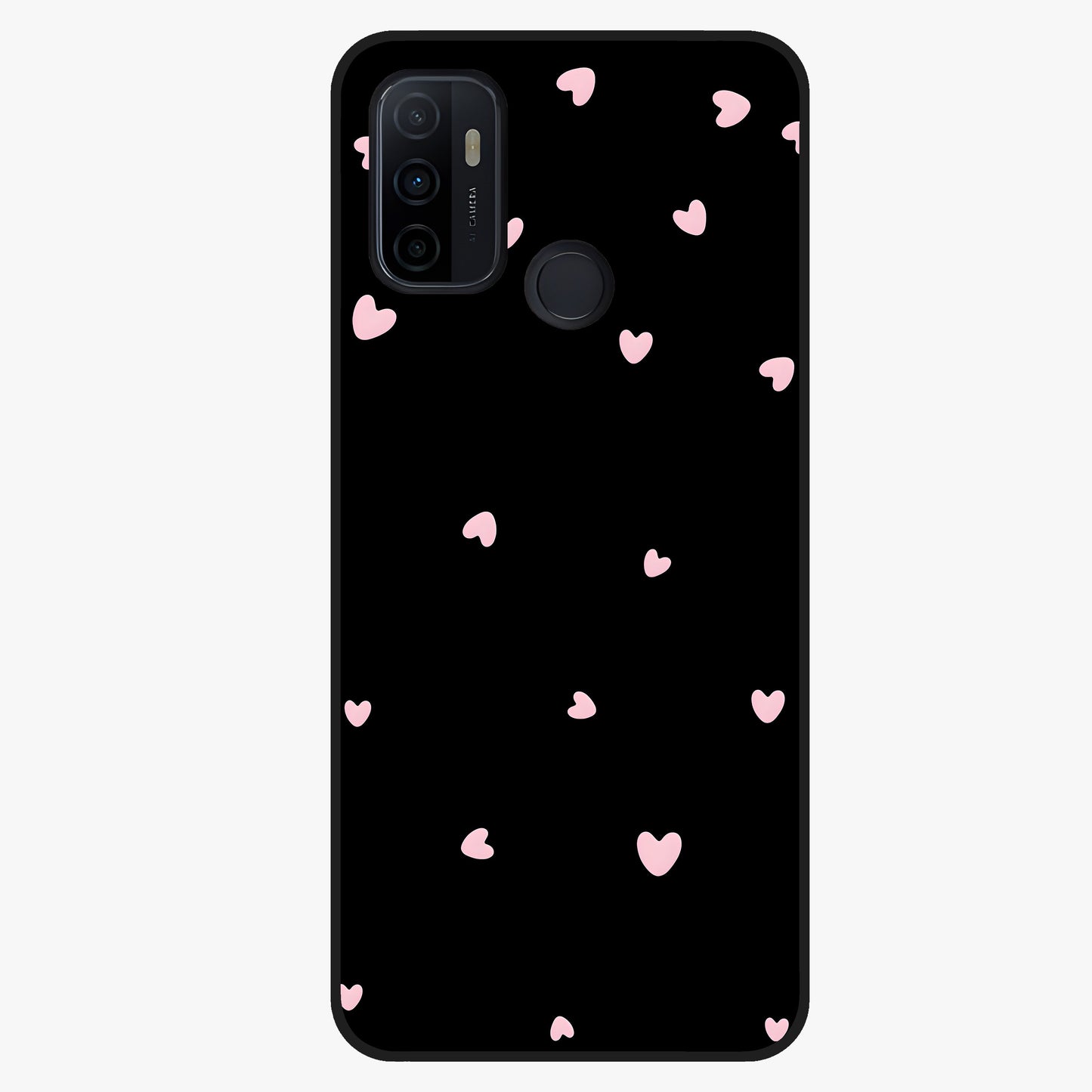 Pink Love Drops Glass Case showing flat back view with playful pink heart drops artwork and glossy glass finish.