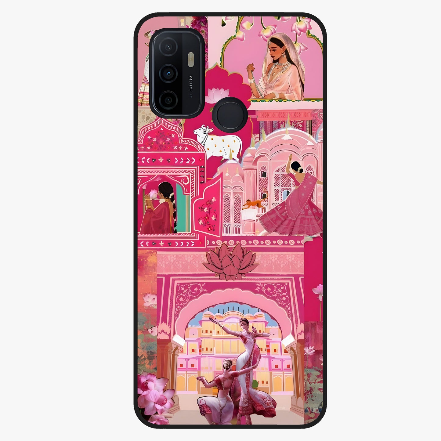Pink Palace Muse Glass Case showing flat back view with elegant palace inspired artwork and glossy glass finish.