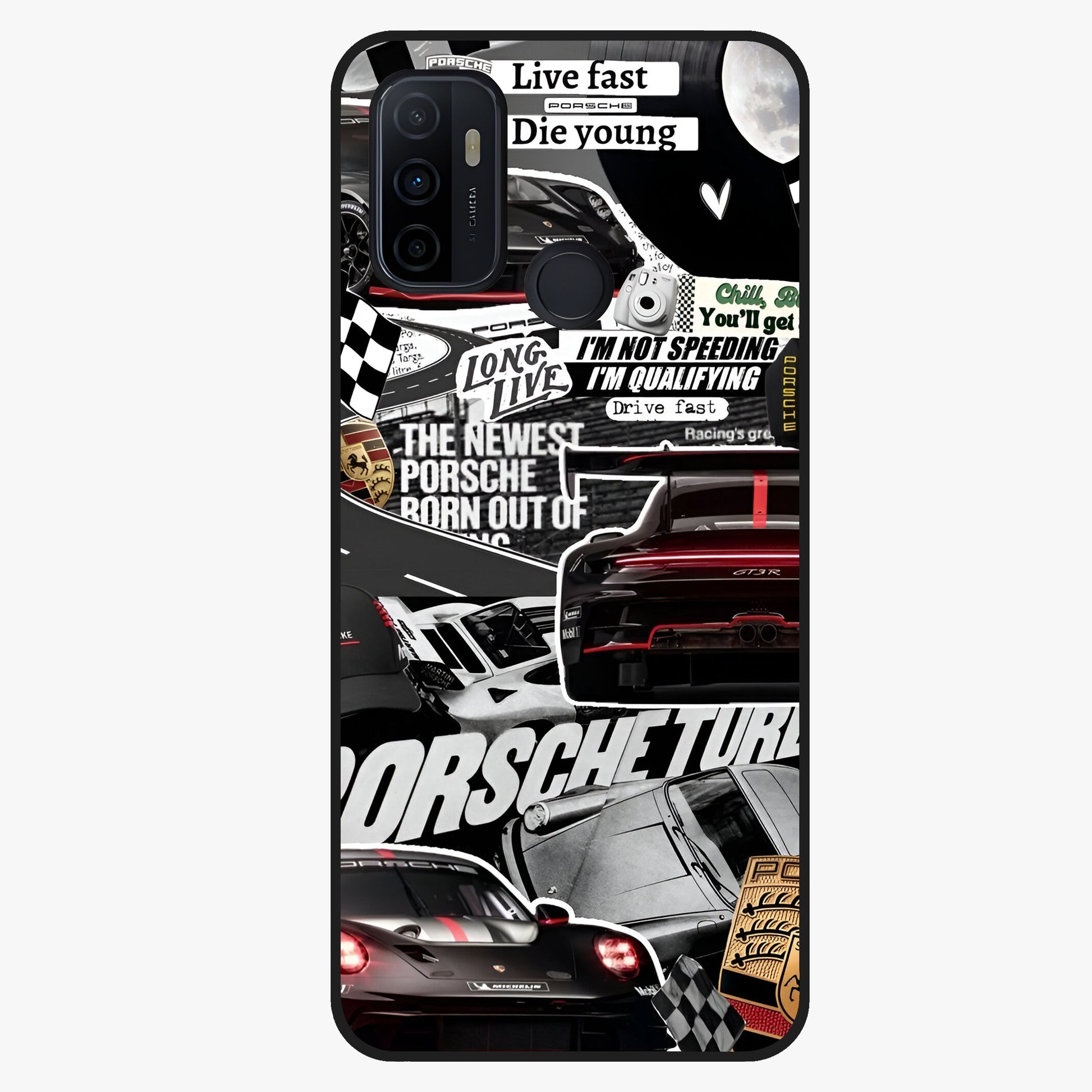 Porsche Racing Collage Glass Case showing flat back view with sports car racing collage artwork and glossy glass finish.