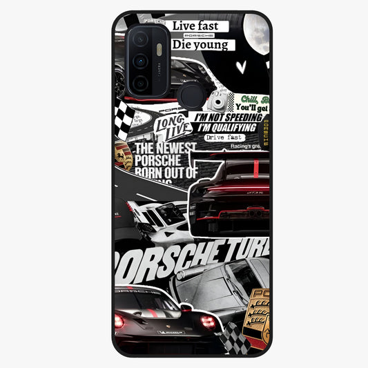 Porsche Racing Collage Glass Case showing flat back view with sports car racing collage artwork and glossy glass finish.