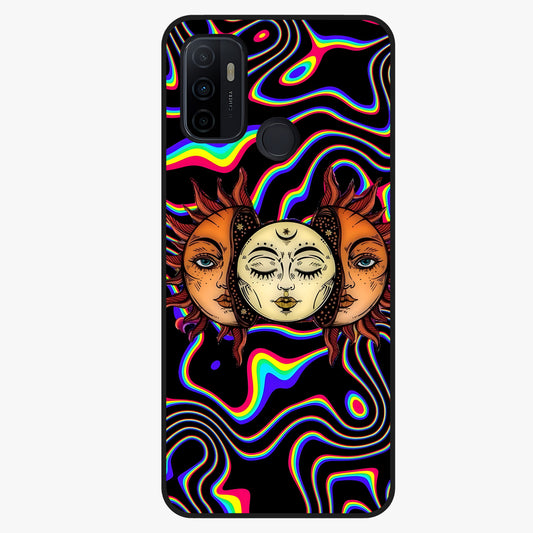 Psychedelic Sun Glass Case showing flat back view with colorful psychedelic sun artwork and glossy glass finish.