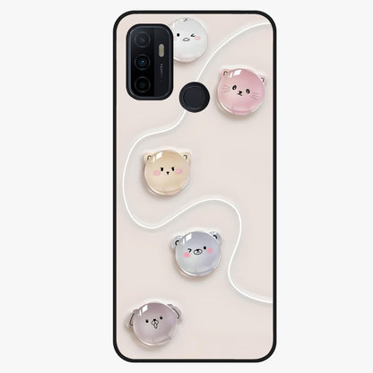 Puffy Face Parade Glass Case showing flat back view with cute puffy character faces artwork and glossy glass finish.