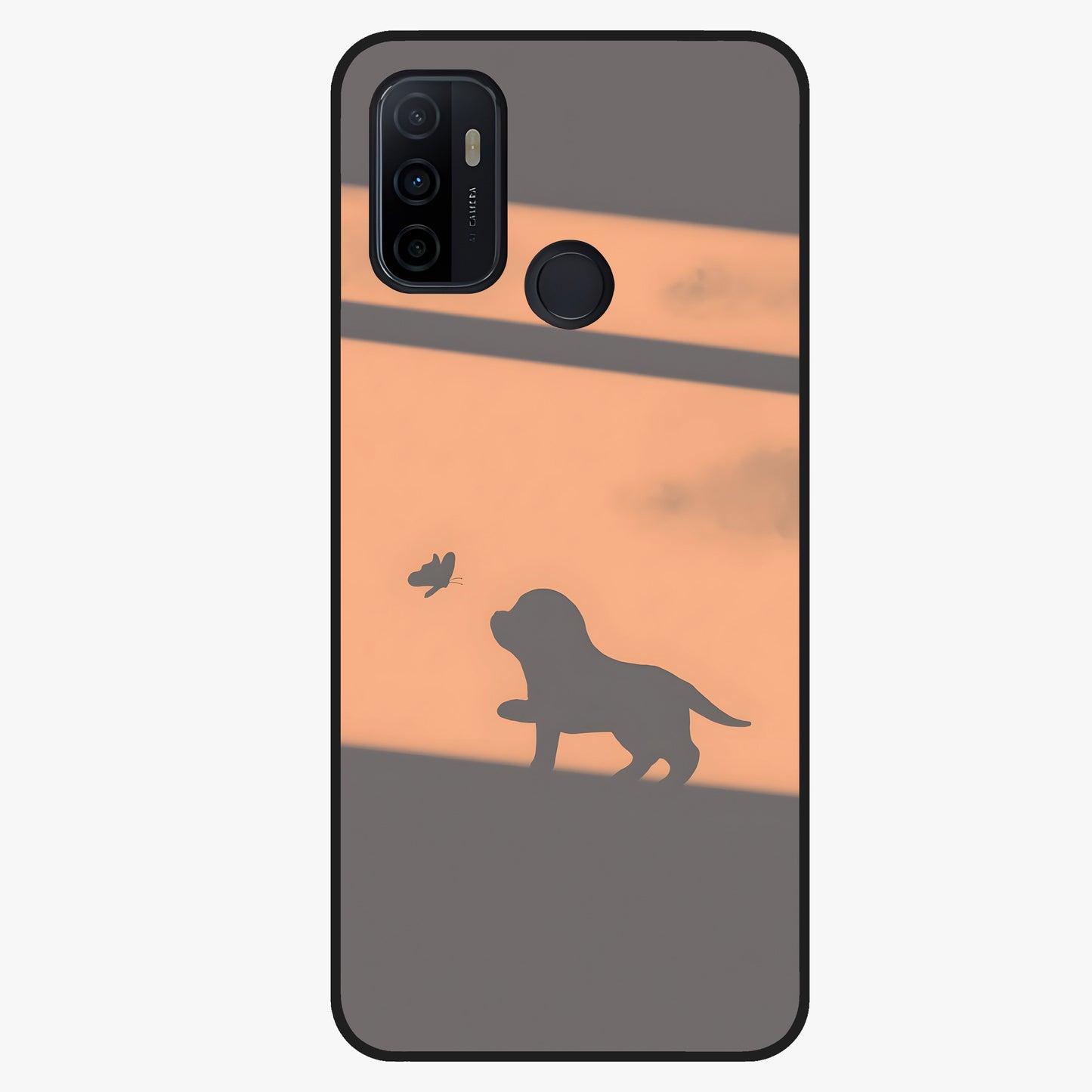 Puppy Shadow Art Glass Case showing flat back view with cute puppy shadow style artwork and glossy glass finish.