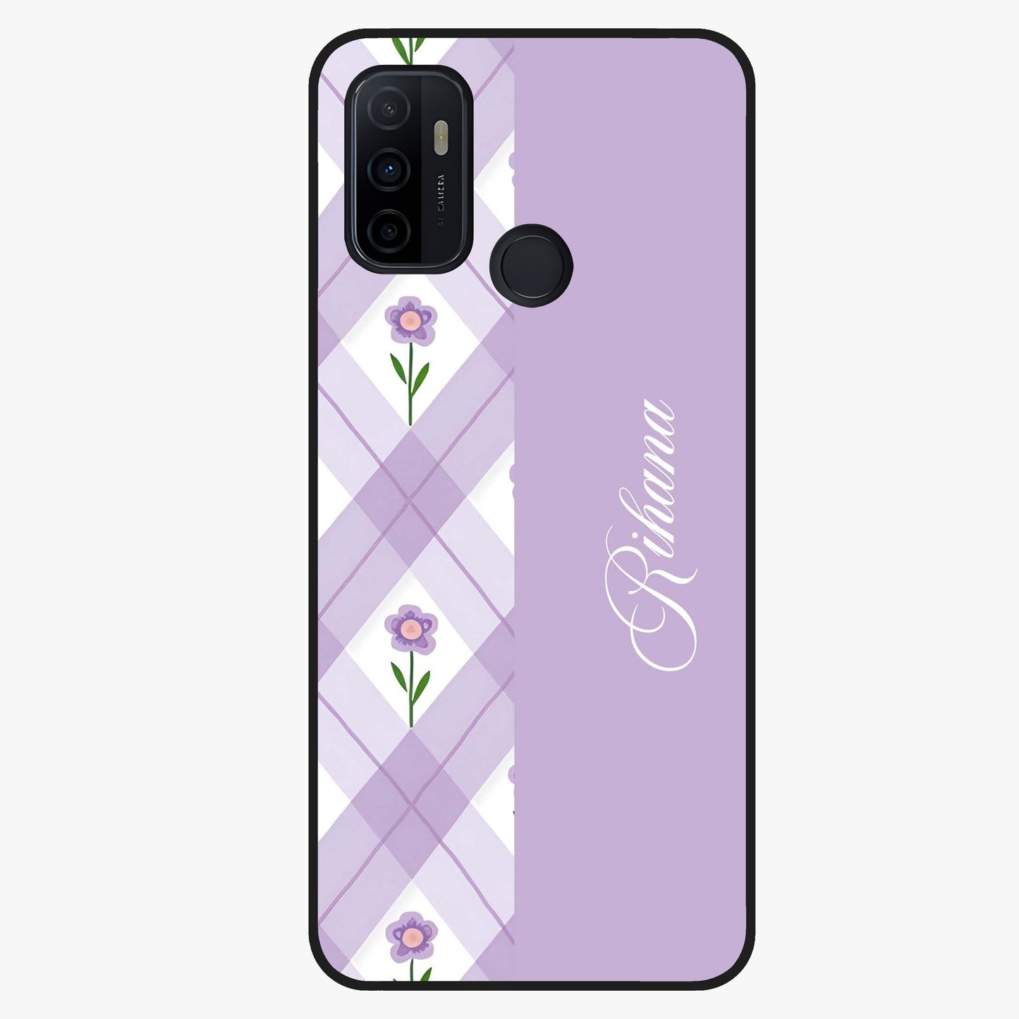 Purple Diamond Floral Glass Case showing flat back view with diamond shaped floral artwork and glossy glass finish.