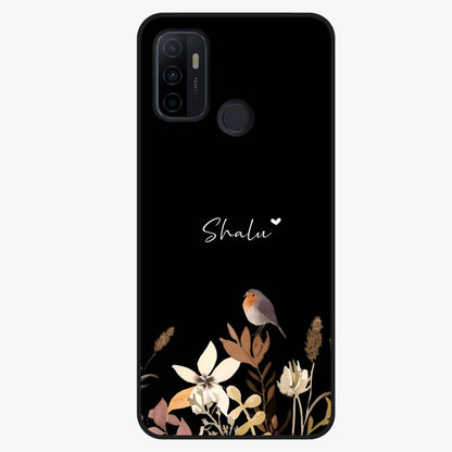 Quiet Garden Tune Custom Name Glass Case showing flat back view with peaceful garden artwork and personalized name design.