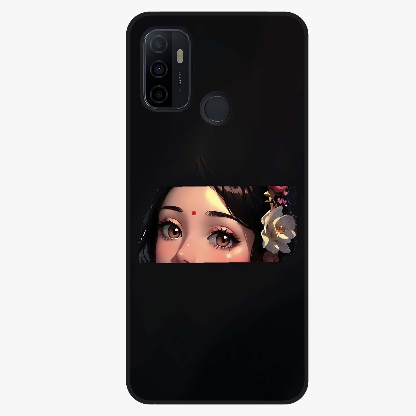 Radha Divine Embrace Glass Case showing flat back view with devotional Radha artwork and glossy glass finish.
