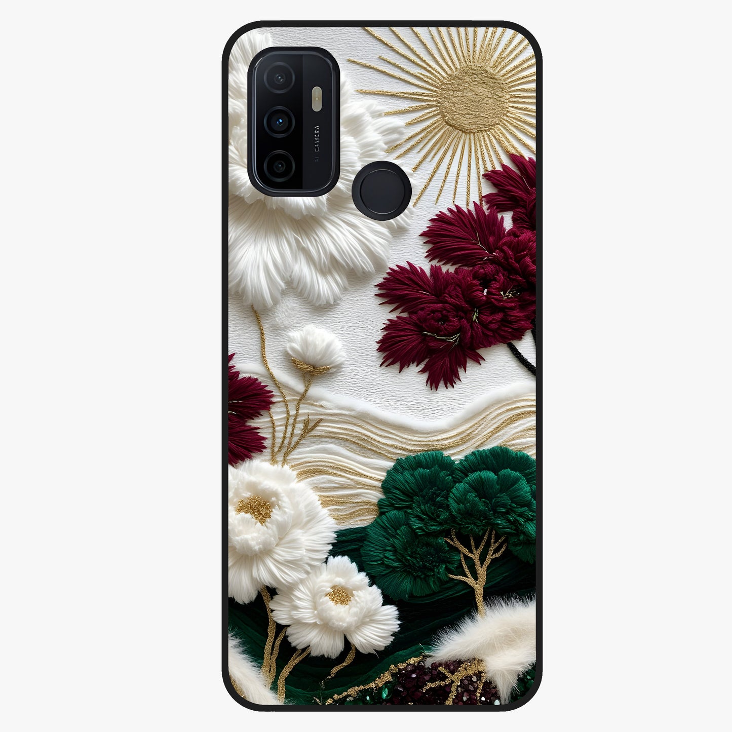 Radiant Bloom Elegance Glass Case showing flat back view with elegant blooming flower artwork and glossy glass finish.
