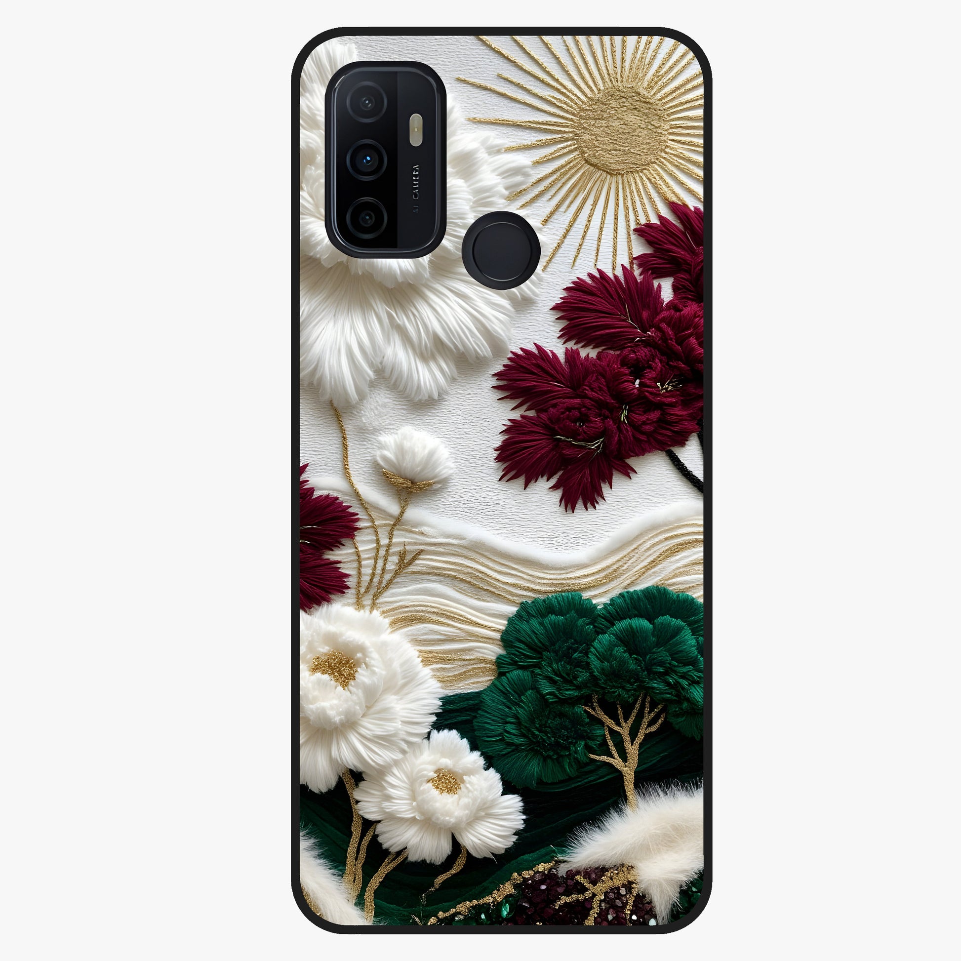 Radiant Bloom Elegance Glass Case showing flat back view with elegant blooming flower artwork and glossy glass finish.