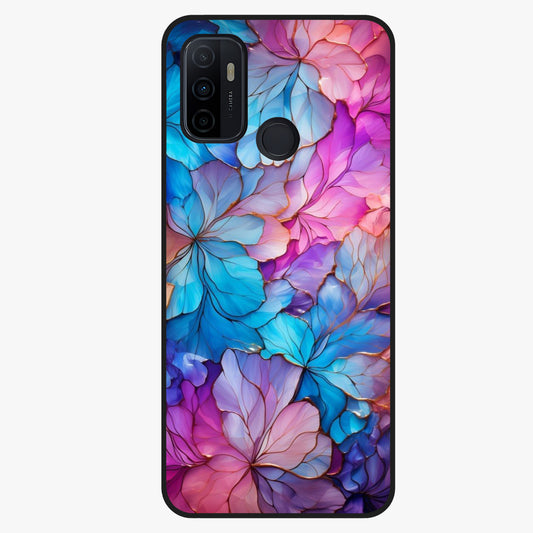 Radiant Floral Whirl Glass Case showing flat back view with swirling floral artwork and glossy glass finish.
