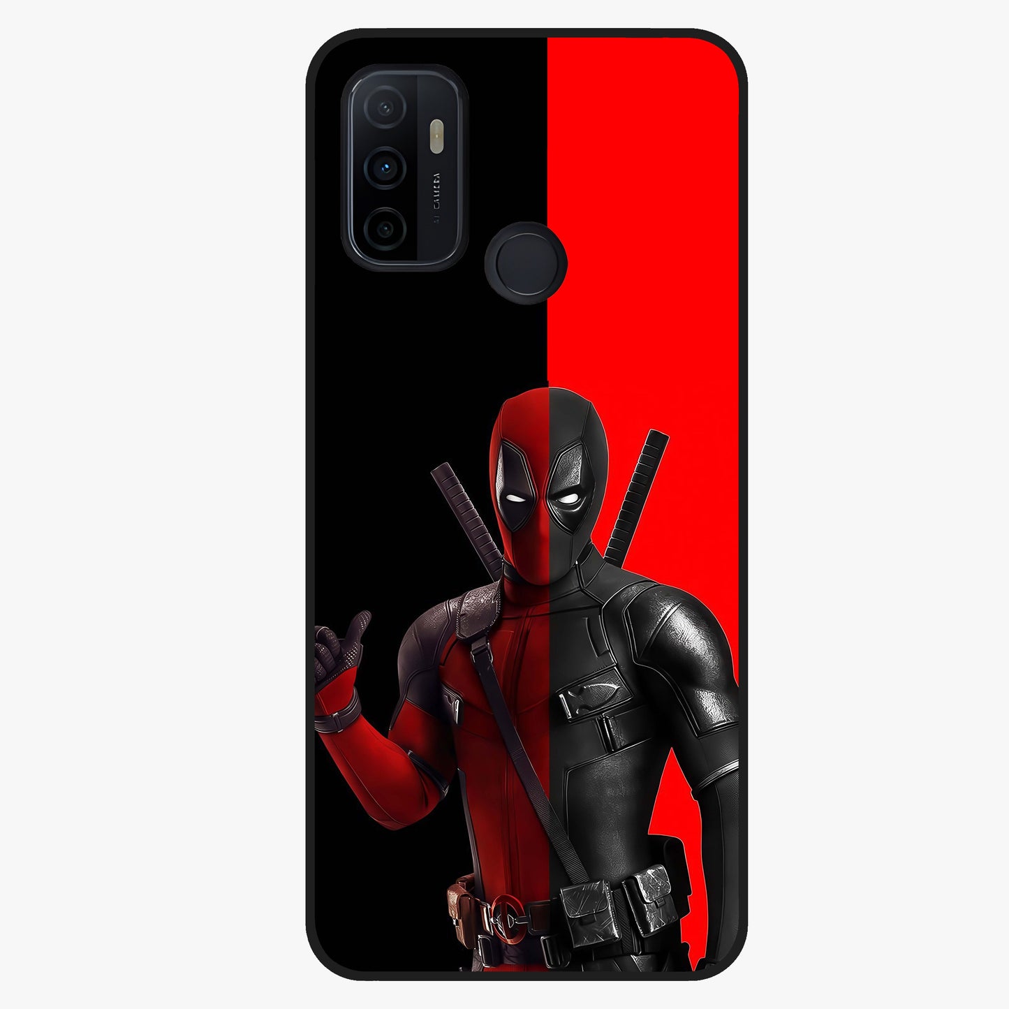 Red & Black Deadpool Theme Glass Case showing flat back view with bold comic inspired artwork and glossy glass finish.