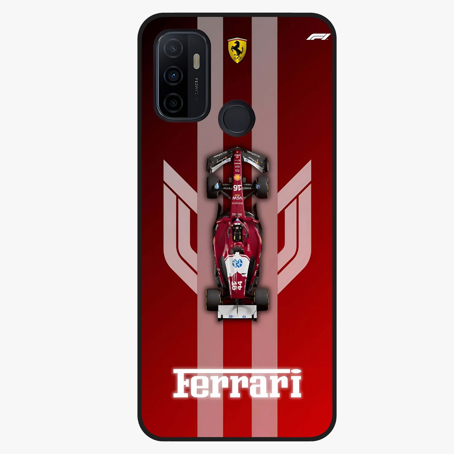 Red Ferrari F1 Vertical Glass Case showing flat back view with sleek Formula racing car artwork and glossy glass finish.