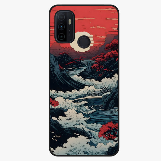 Red Sunset Scenery Glass Case showing flat back view with vibrant sunset landscape artwork and glossy glass finish.