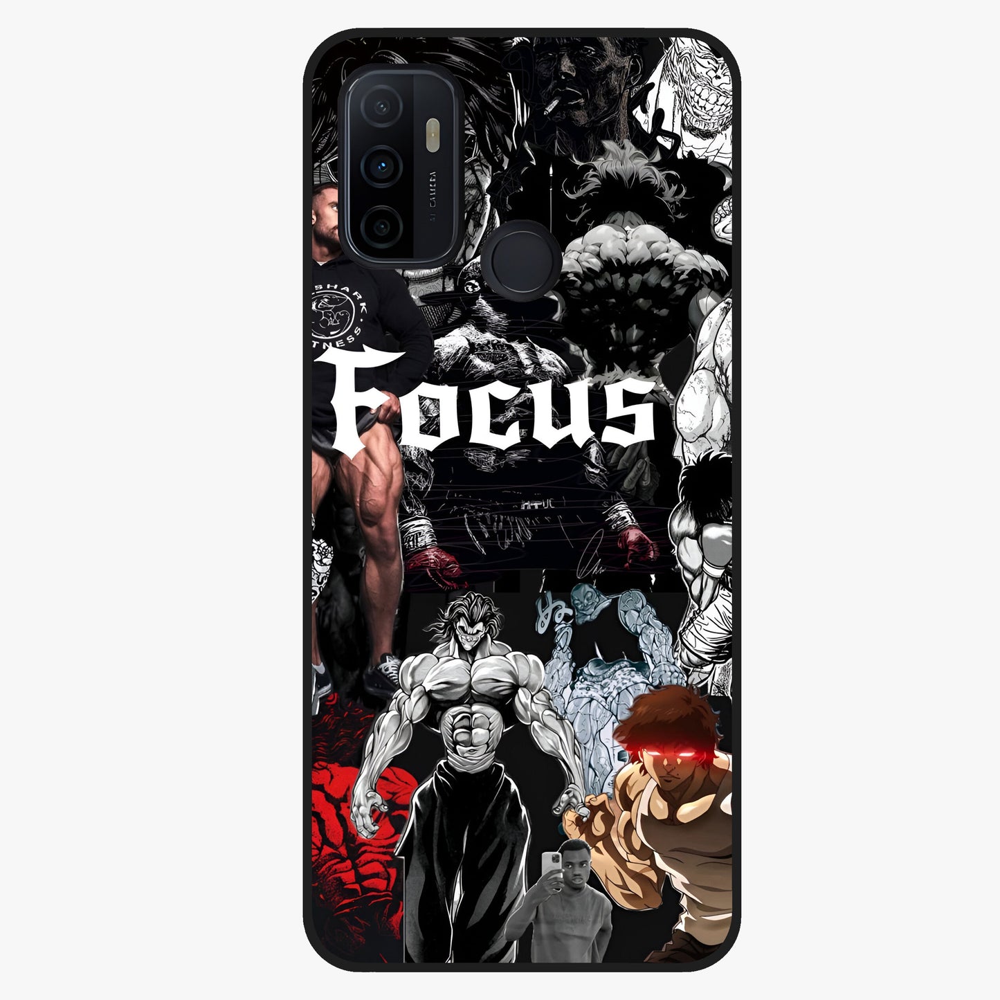 Relentless Power Focus Glass Case showing flat back view with motivational typography artwork and glossy glass finish.