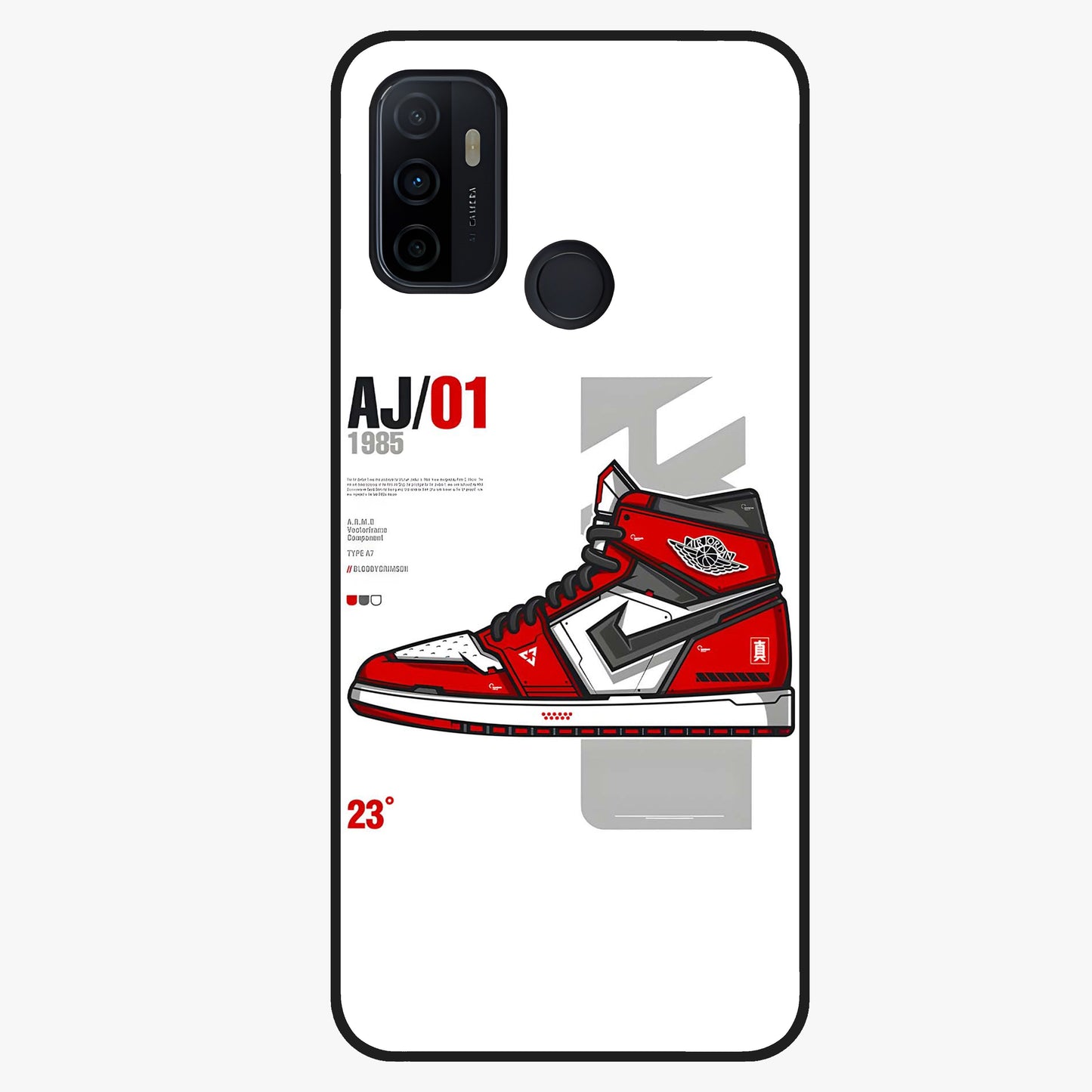 Retro Sneaker Blueprint Glass Case showing flat back view with sneaker blueprint style artwork and glossy glass finish.