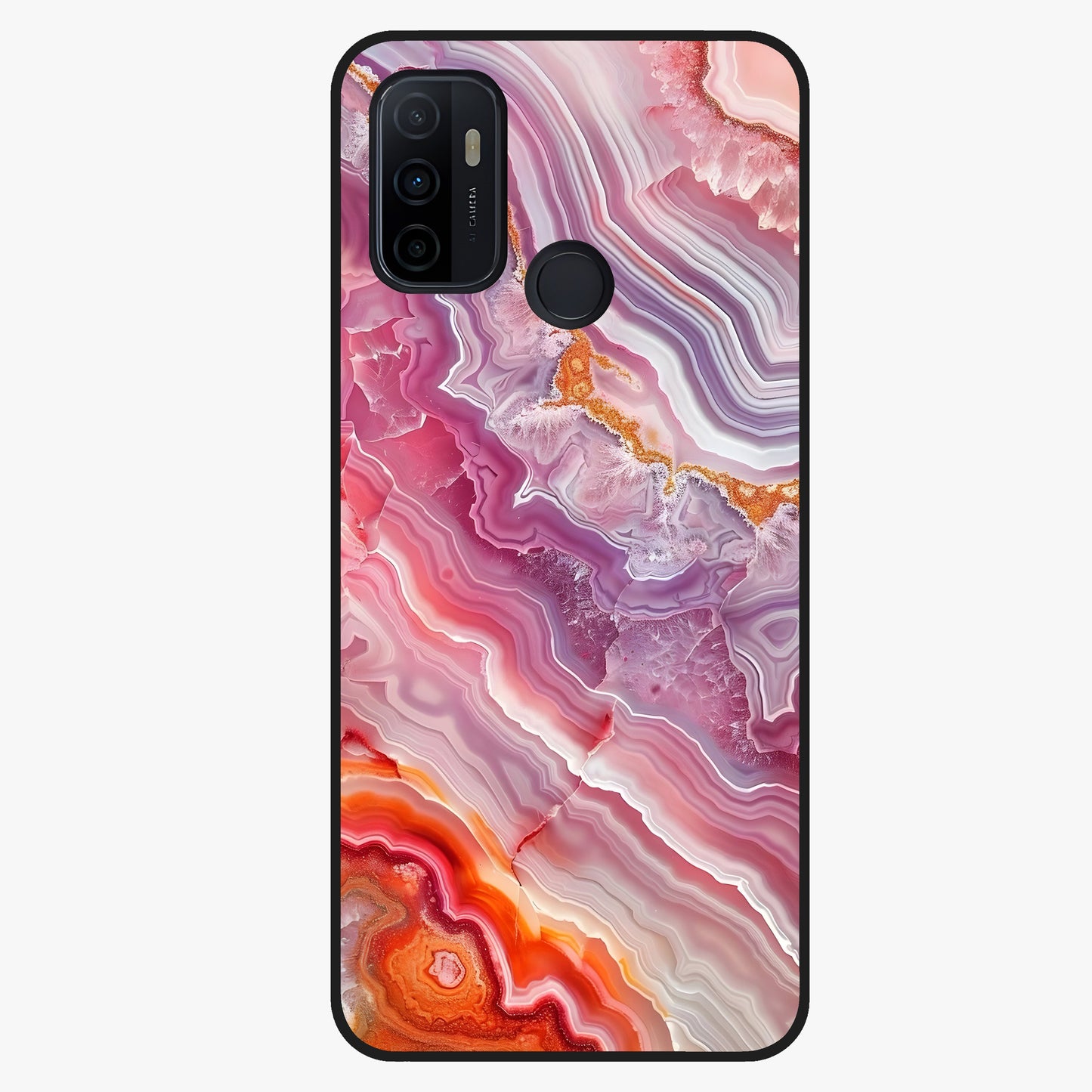 Rose Quartz Marble Glass Case showing flat back view with pink marble quartz texture artwork and glossy glass finish.