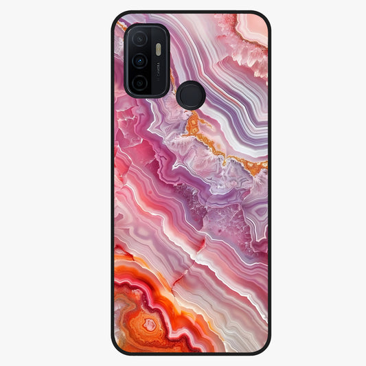 Rose Quartz Marble Glass Case showing flat back view with pink marble quartz texture artwork and glossy glass finish.