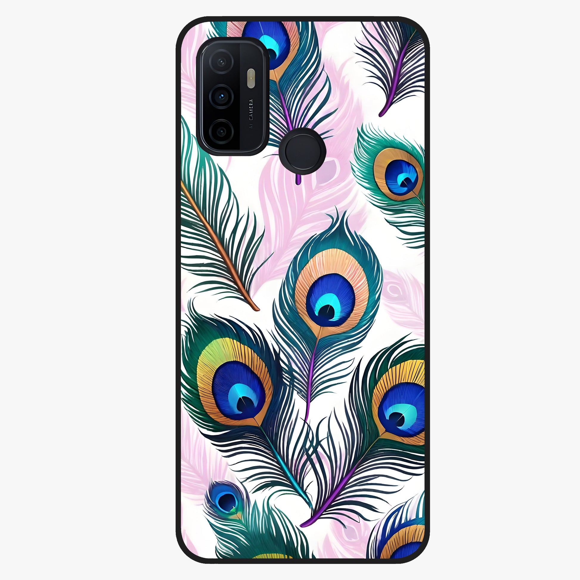 Royal Peacock Feathers Glass Case showing flat back view with colorful peacock feather artwork and glossy glass finish.