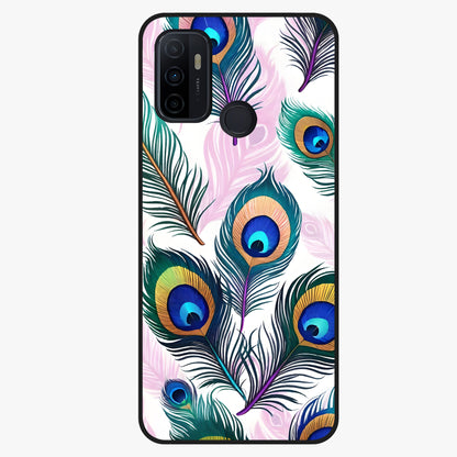 Royal Peacock Feathers Glass Case showing flat back view with colorful peacock feather artwork and glossy glass finish.