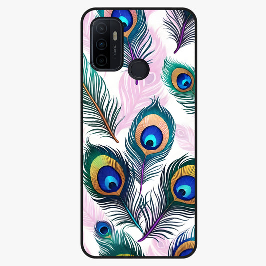 Royal Peacock Feathers Glass Case showing flat back view with colorful peacock feather artwork and glossy glass finish.
