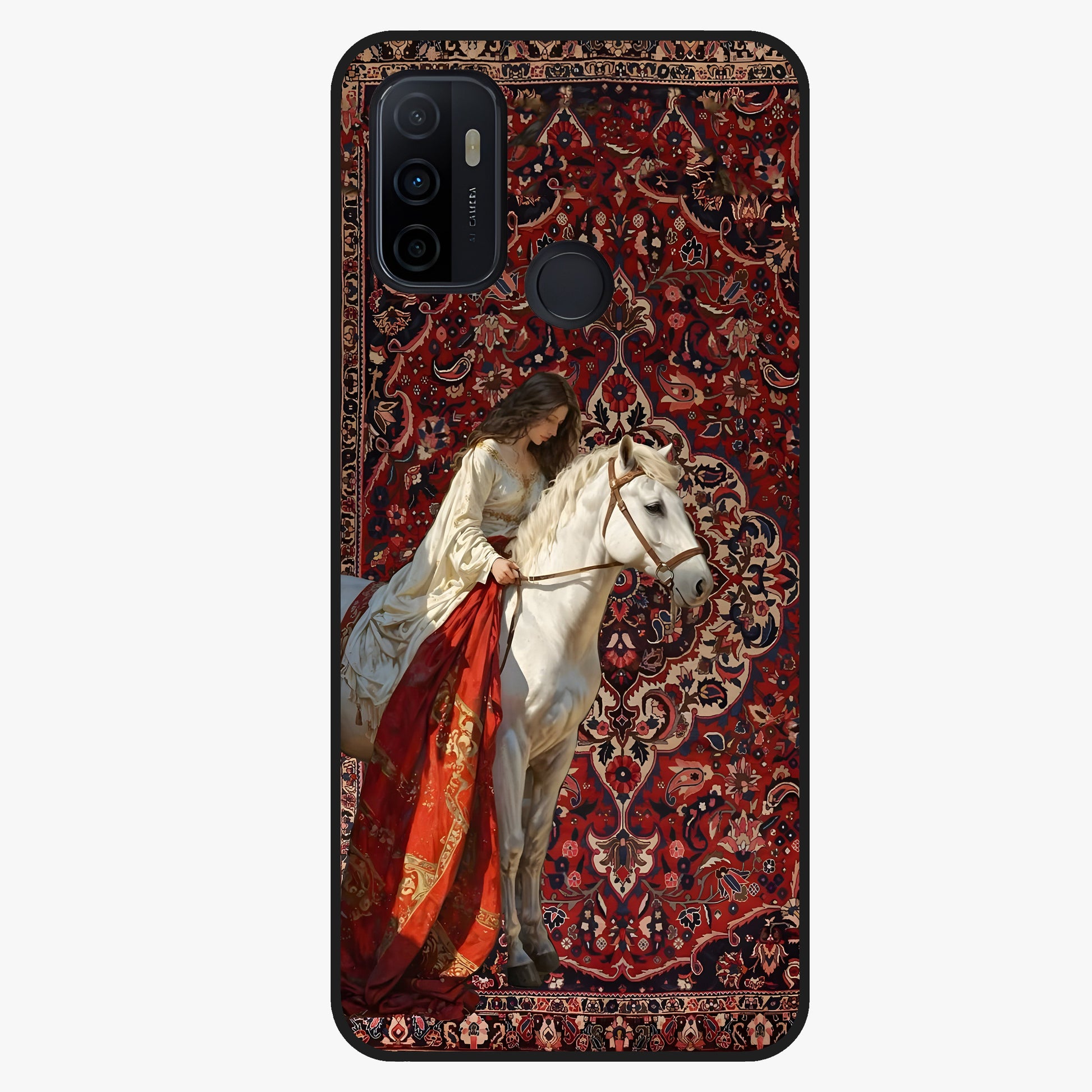 Royal Rider Tapestry Glass Case showing flat back view with majestic horse rider tapestry artwork and glossy glass finish.