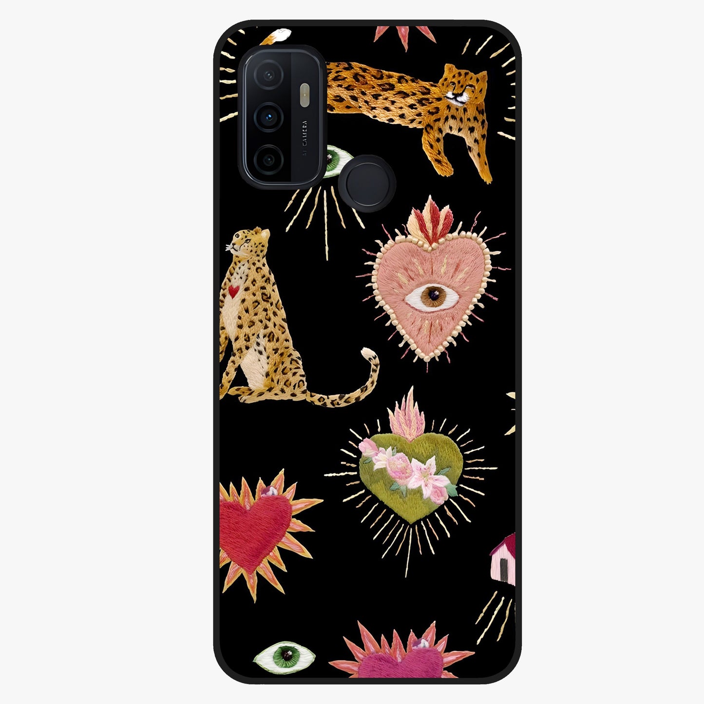 Sacred Jungle Heart Glass Case showing flat back view with jungle inspired heart artwork and glossy glass finish.