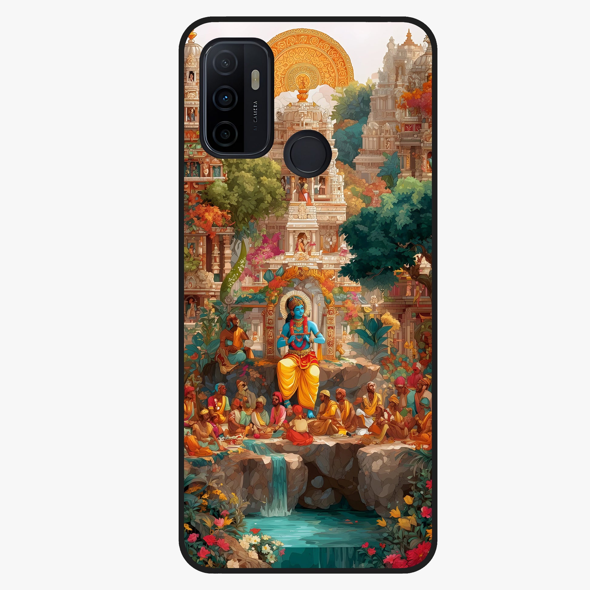 Sacred Sunlight Gods Glass Case showing flat back view with divine sunlight themed artwork and glossy glass finish.
