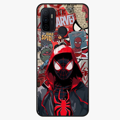 Spider Collage Street Glass Case showing flat back view with vibrant superhero collage artwork and glossy glass finish.