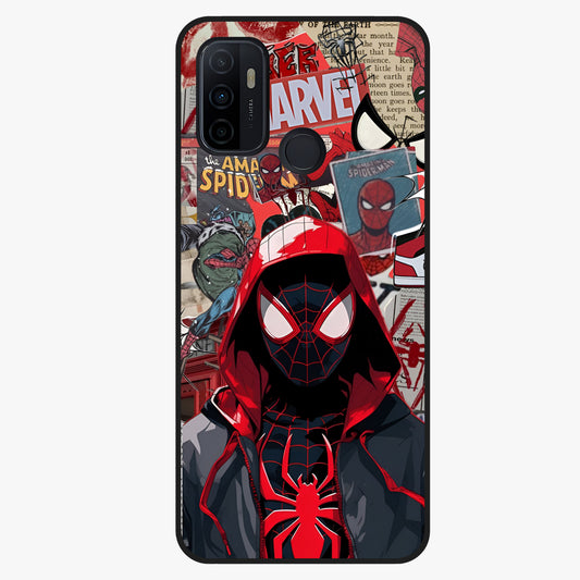 Spider Collage Street Glass Case showing flat back view with vibrant superhero collage artwork and glossy glass finish.