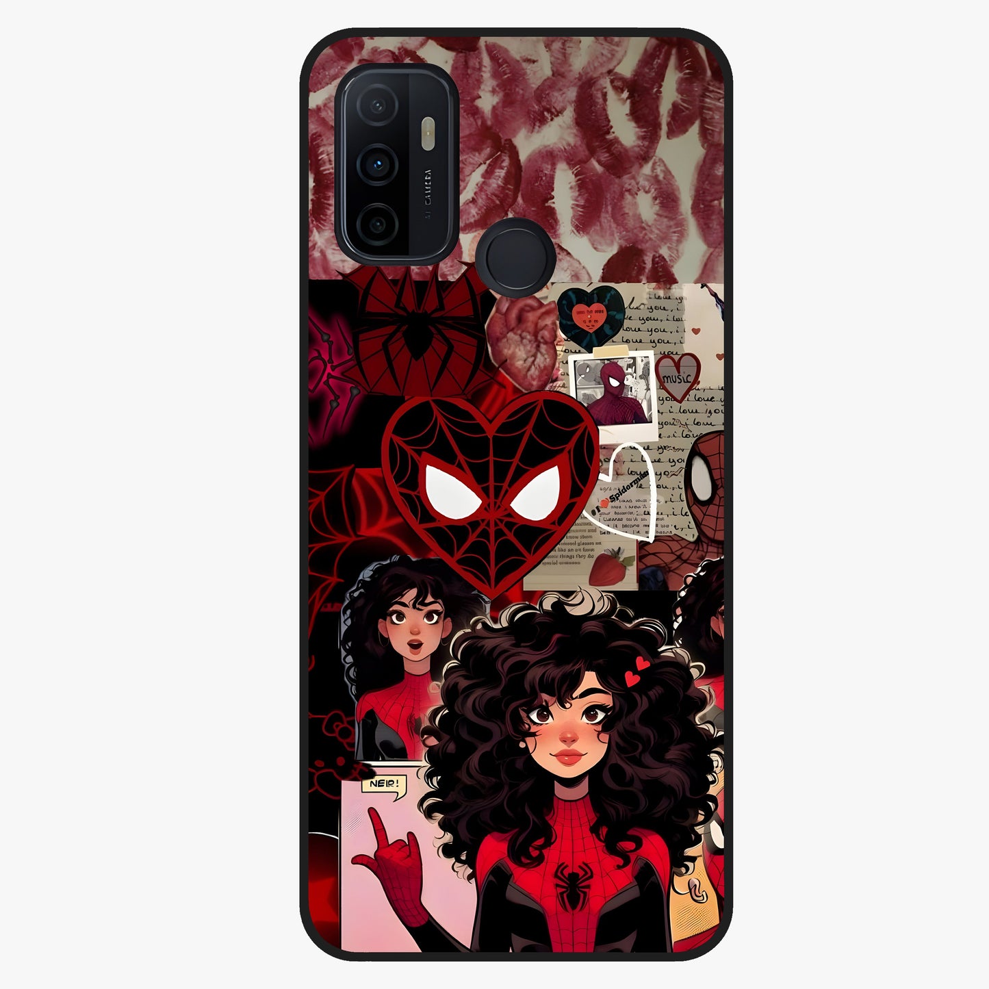 Spider Love Story Glass Case showing flat back view with romantic superhero themed artwork and glossy glass finish.