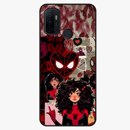 Spider Love Story Glass Case showing flat back view with romantic superhero themed artwork and glossy glass finish.