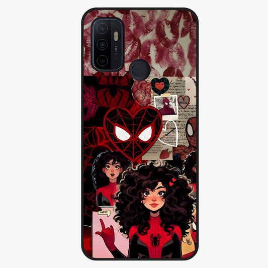 Spider Love Story Glass Case showing flat back view with romantic superhero themed artwork and glossy glass finish.