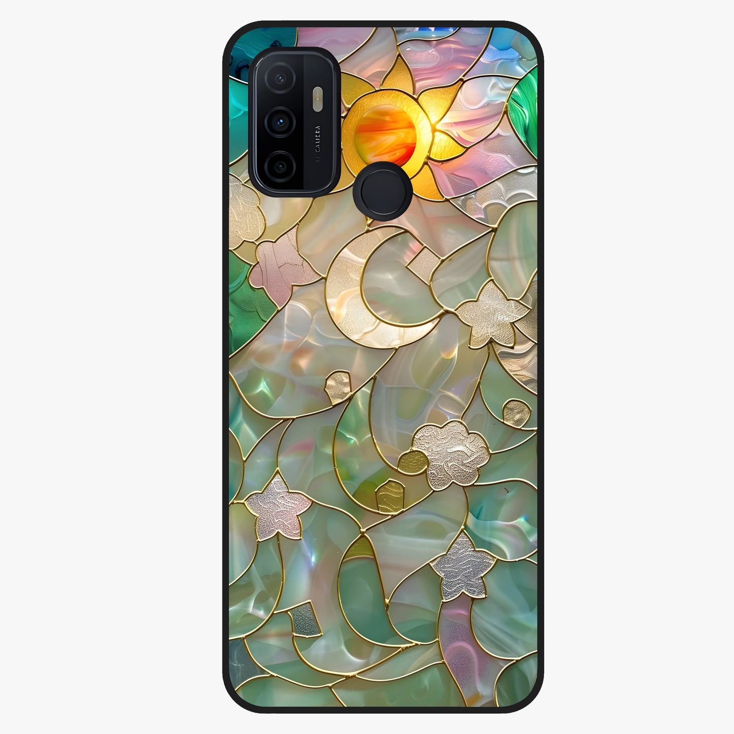 Stained Sunrise Glow Glass Case showing flat back view with glowing sunrise stained pattern artwork and glossy glass finish.