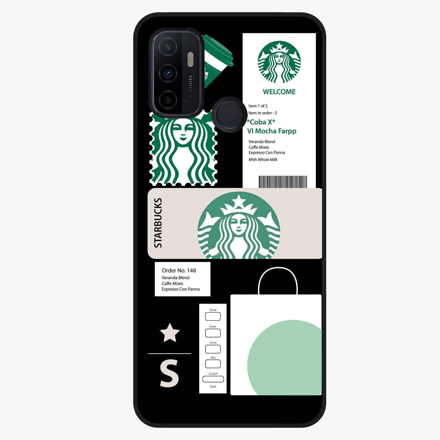 Starbucks Mocha Glass Case showing flat back view with coffee inspired artwork and glossy glass finish.