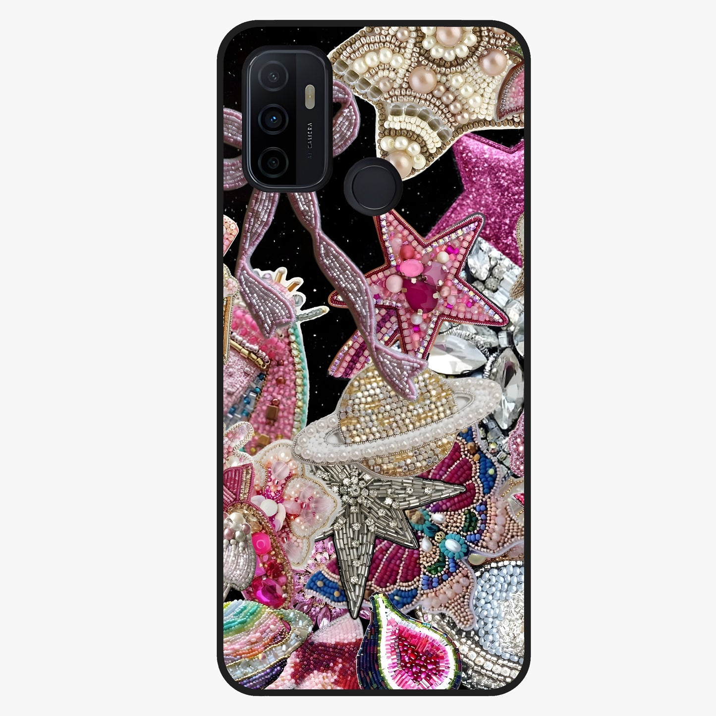 Starlit Jewel Dream Glass Case showing flat back view with sparkling jewel and star themed artwork and glossy glass finish.