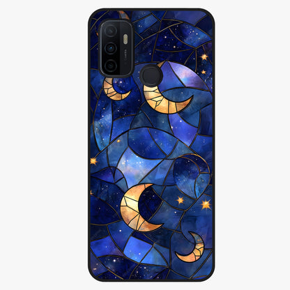 Starlit Sky Tapestry Glass Case showing flat back view with decorative starry sky tapestry artwork and glossy glass finish.