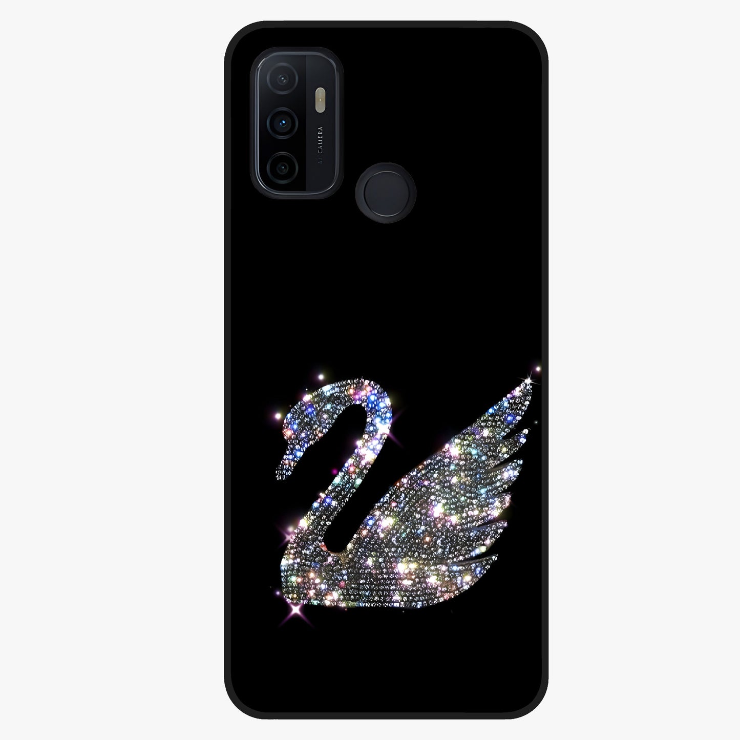 Starlit Swan Grace Glass Case showing flat back view with graceful swan artwork under starry sky and glossy glass finish.