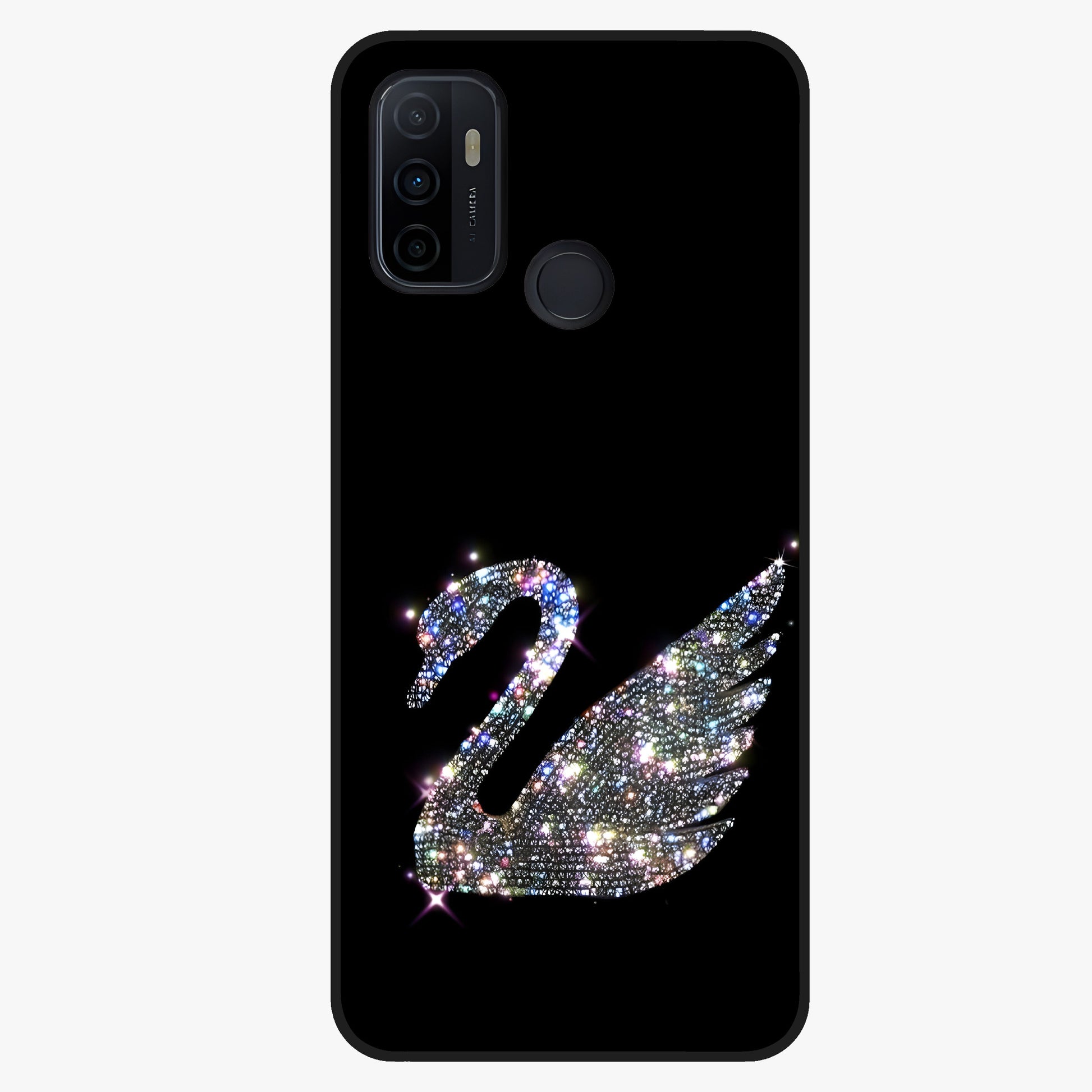 Starlit Swan Grace Glass Case showing flat back view with graceful swan artwork under starry sky and glossy glass finish.