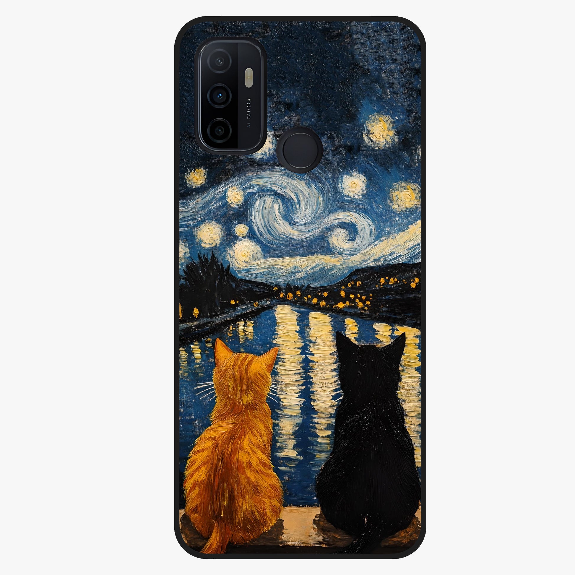 Starry River Cats Glass Case showing flat back view with cats by a starry river artwork and glossy glass finish.