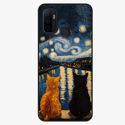 Starry River Cats Glass Case showing flat back view with cats by a starry river artwork and glossy glass finish.