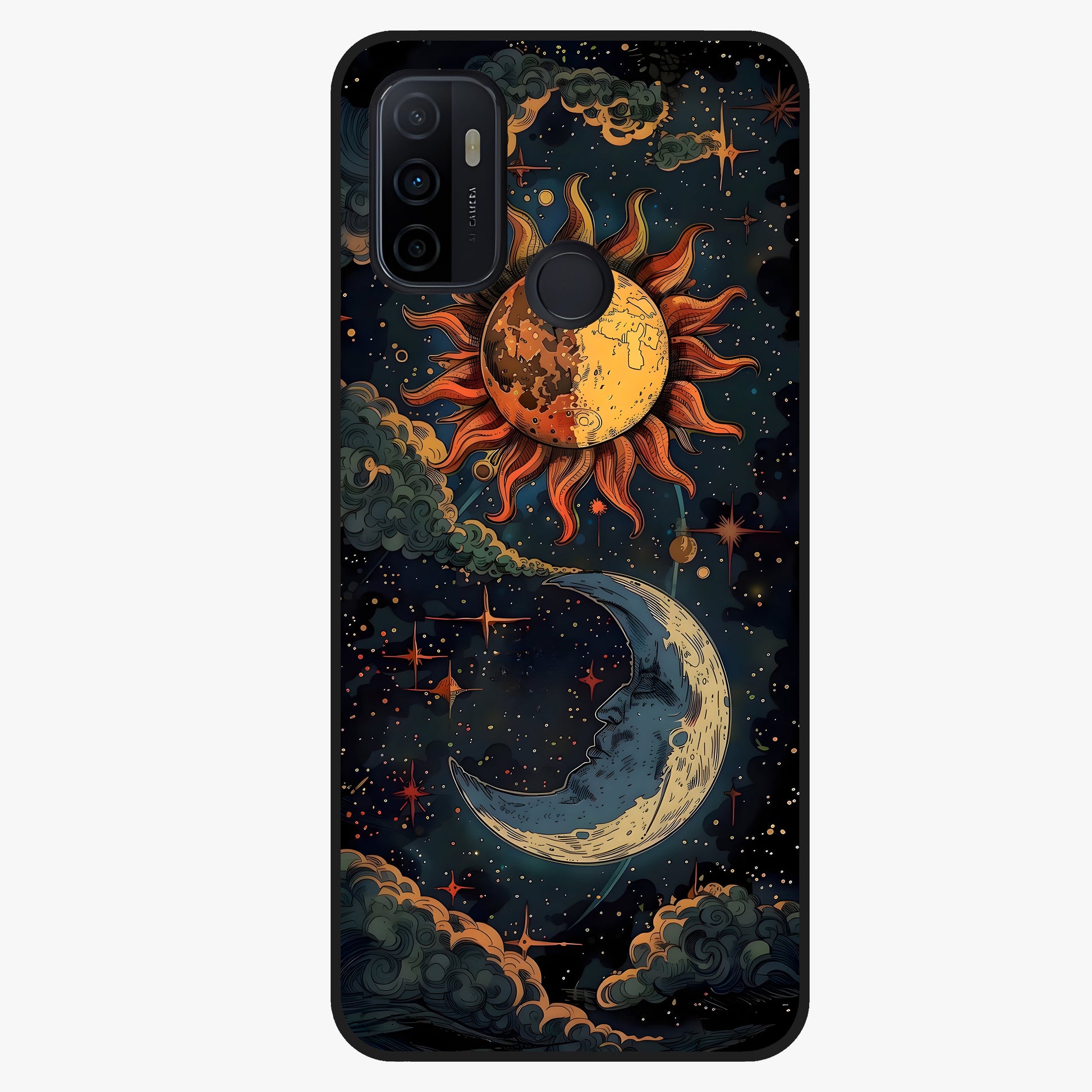 Sun And Moon Magic Design Glass Case showing flat back view with mystical sun and moon artwork and glossy glass finish.