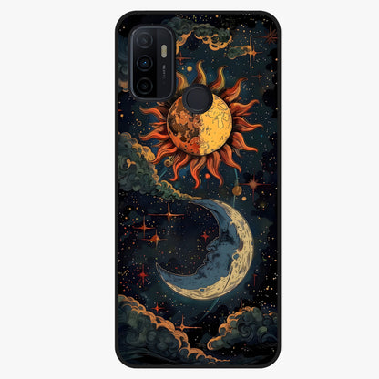 Sun And Moon Magic Design Glass Case showing flat back view with mystical sun and moon artwork and glossy glass finish.
