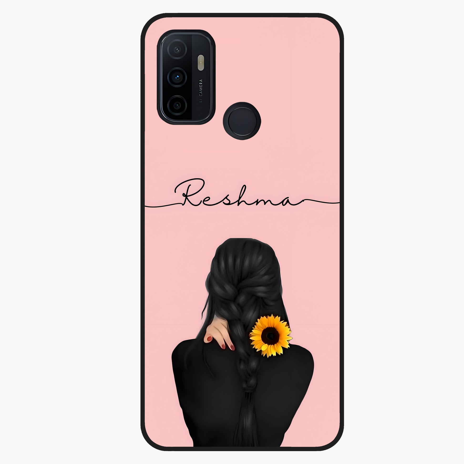 Sunflower Braid Beauty With Custom Name Glass Case showing flat back view with sunflower braid artwork and personalized name design.