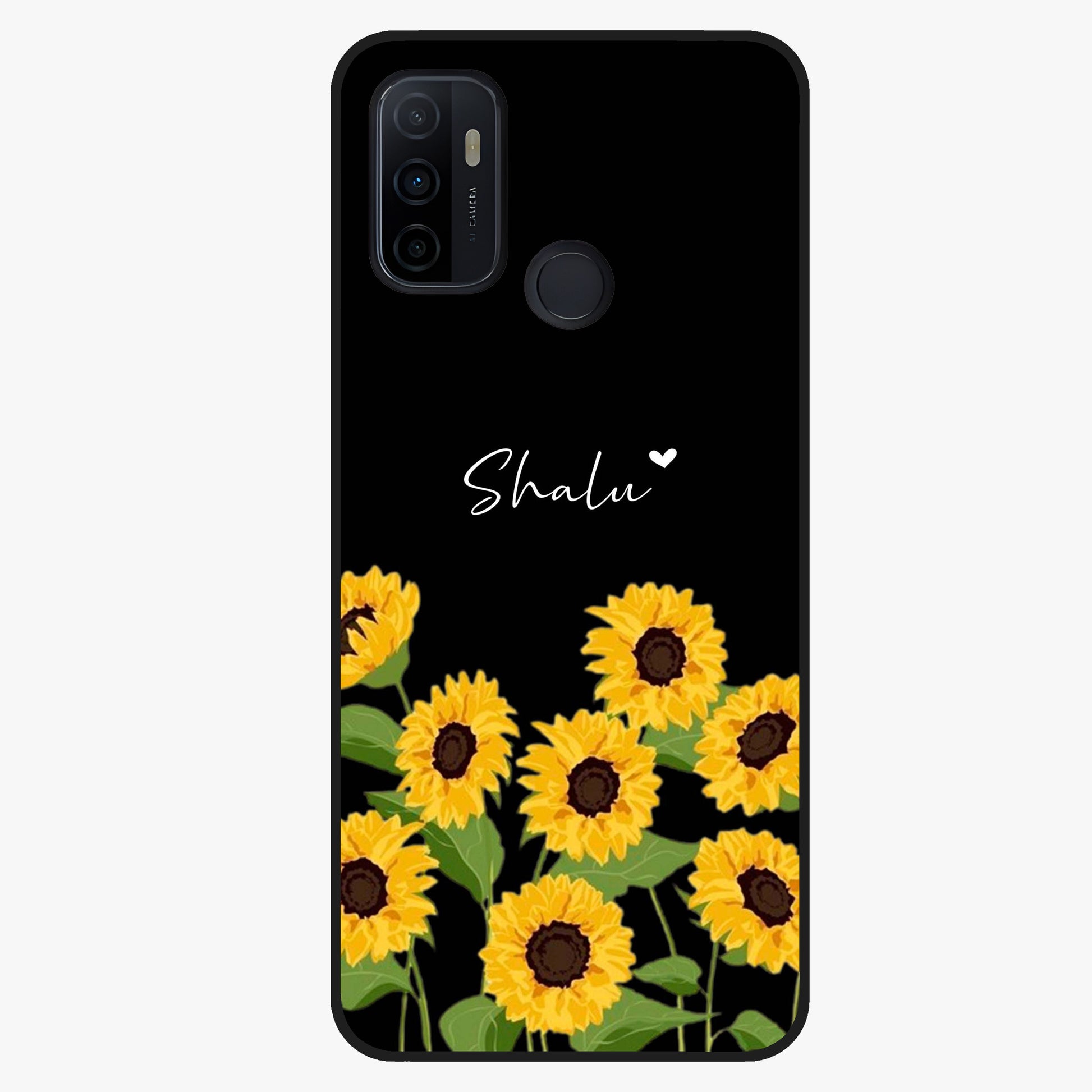 Sunflower Chic Mood Custom Name Glass Case showing flat back view with stylish sunflower artwork and personalized name design.