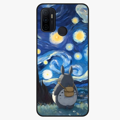 Totoro In Van Gogh Art Glass Case showing flat back view with whimsical character artwork inspired by Van Gogh style and glossy glass finish.