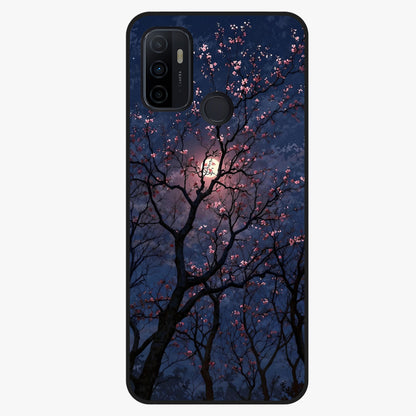 Twilight Sakura Serenade Glass Case showing flat back view with cherry blossom artwork at twilight and glossy glass finish.
