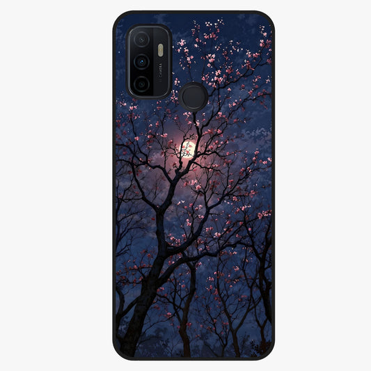 Twilight Sakura Serenade Glass Case showing flat back view with cherry blossom artwork at twilight and glossy glass finish.