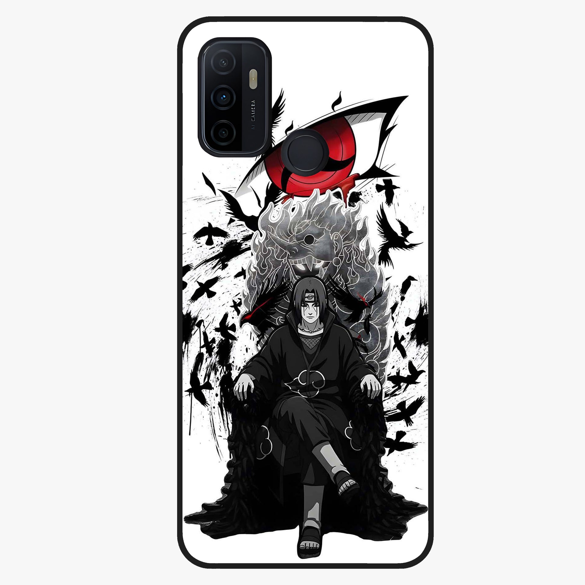 Uchiha Shadow Throne Glass Case showing flat back view with cosmic underwater themed artwork and glossy glass finish.