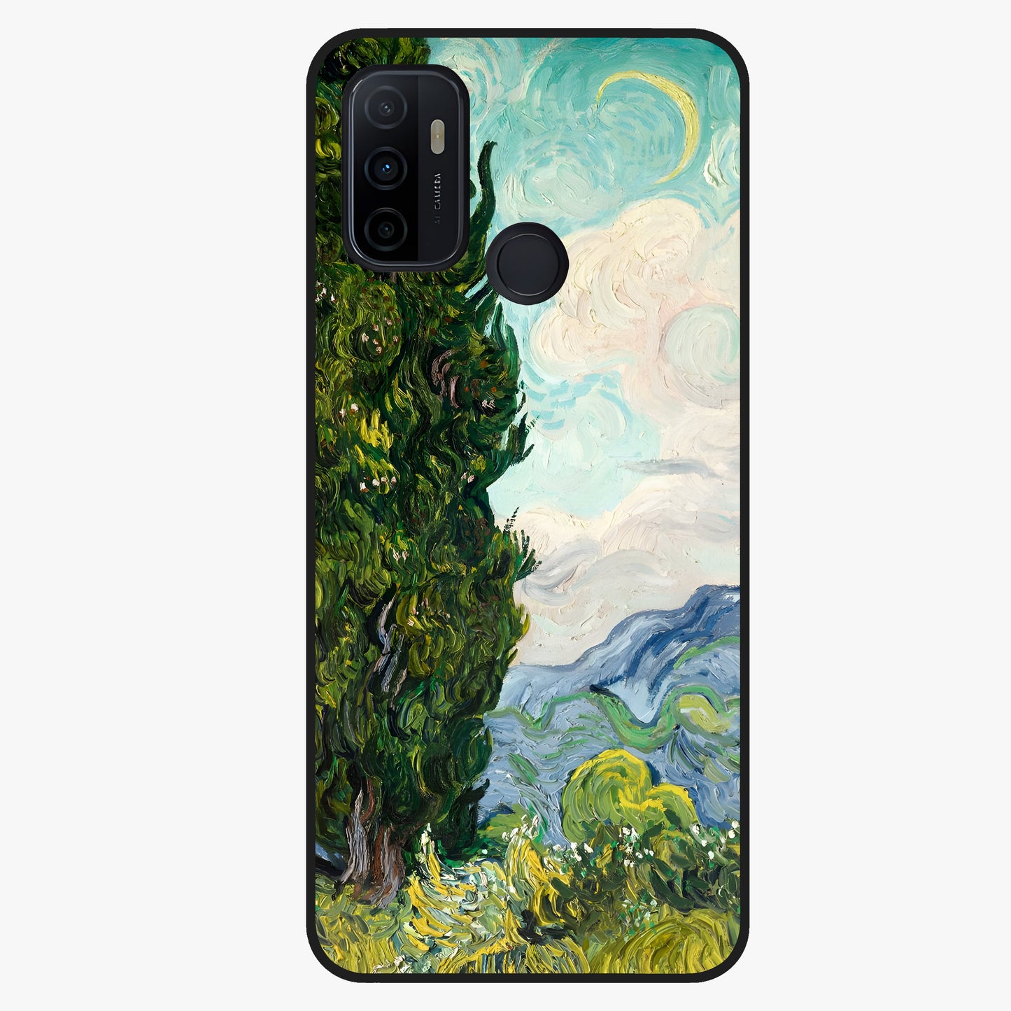 Van Gogh Vintage Art Glass Case showing flat back view with vintage painterly artwork inspired by Van Gogh style and glossy glass finish.